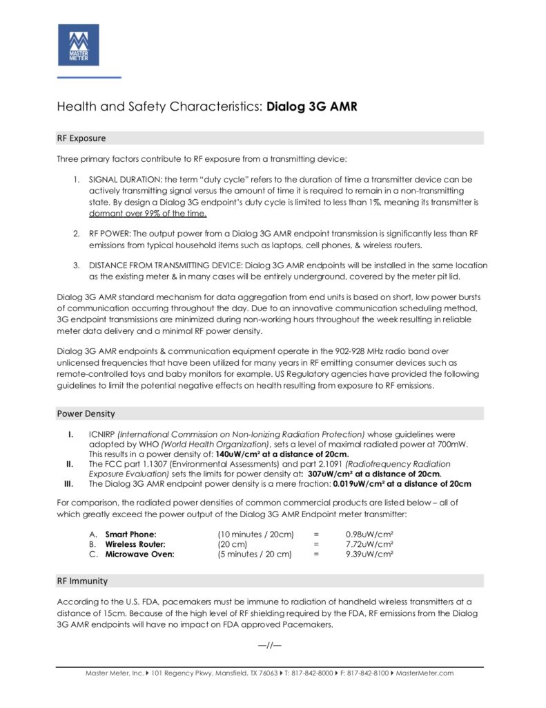 RF Health and Safety Characteristics for Dialog 3G AMR