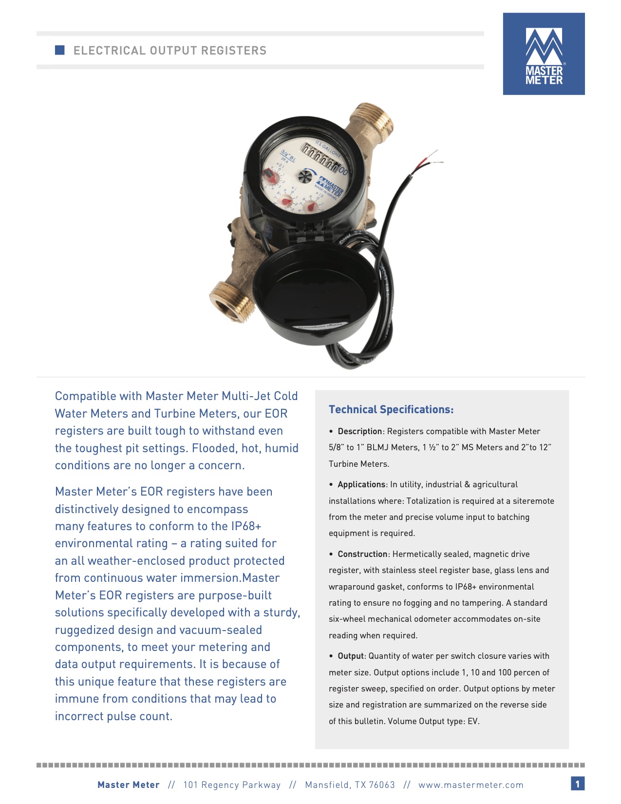 IP68+ Electrical Output Register Submetering Solution for Water