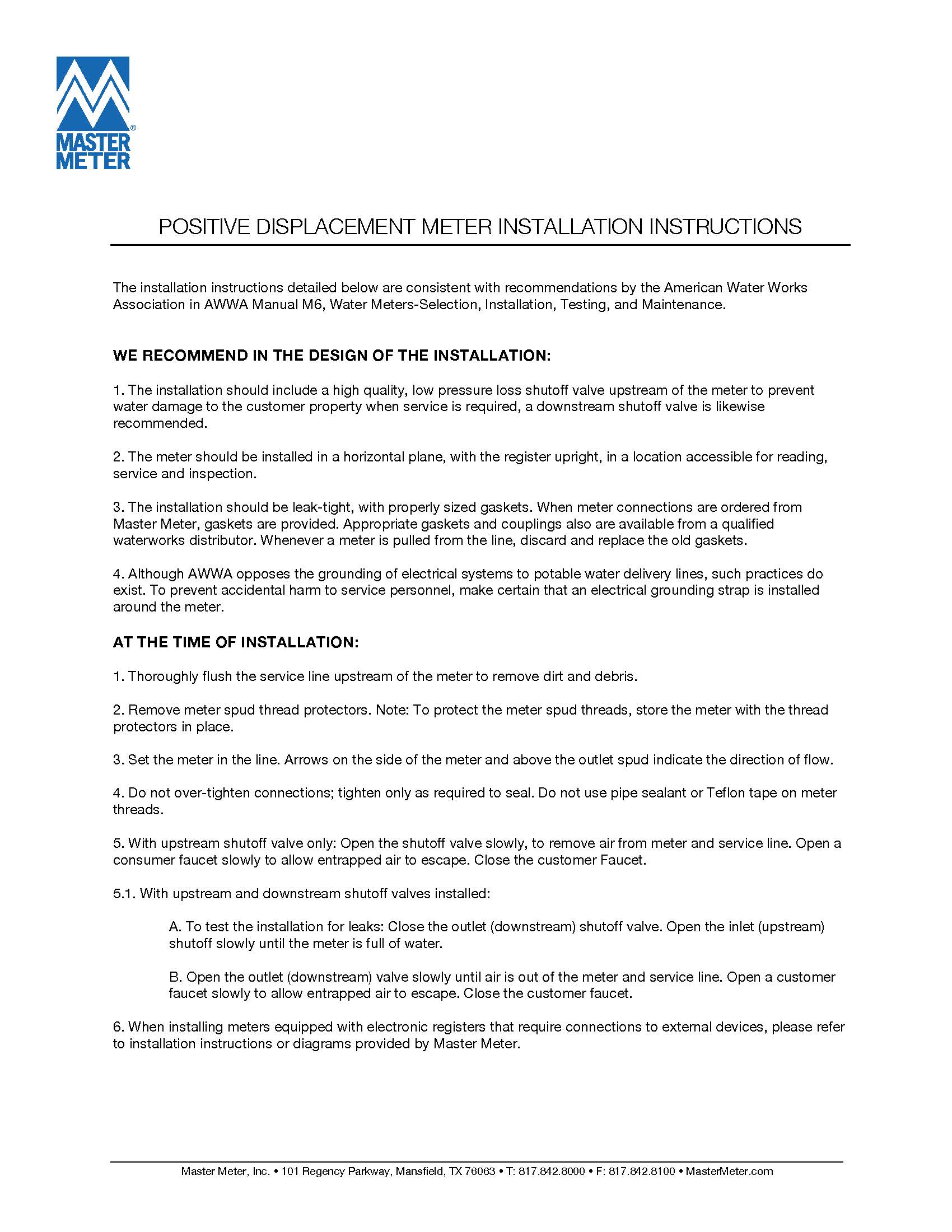 Positive Displacement (PD) Meter Installation Instructions